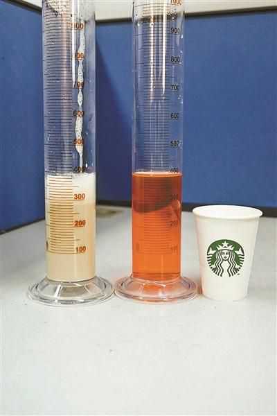 中杯:左为咖啡量277毫升，右为测试容积量395毫升