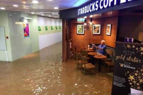 “星巴克老伯”洪水中淡定喝咖啡热爆网络