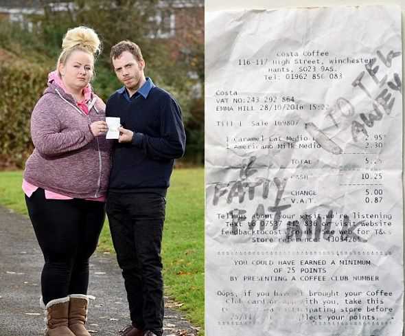 英国肥胖夫妇遭咖啡店员羞辱 收据上写着“胖子的全脂牛奶