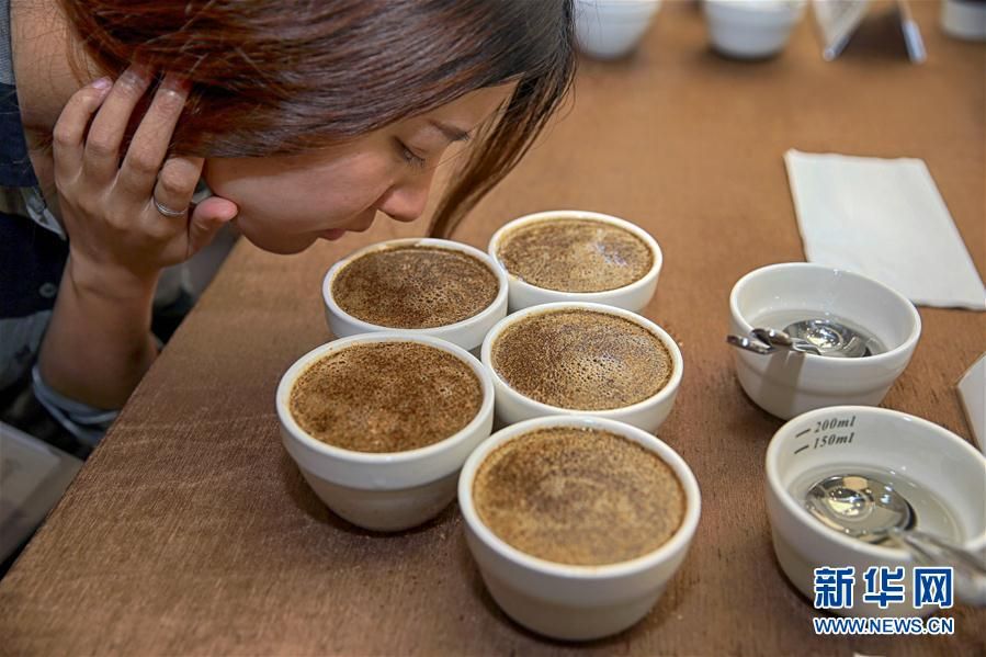 一名来宾在重庆咖啡交易中心试闻咖啡