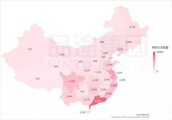 中国南方的咖啡企业数量要远高于北方区域