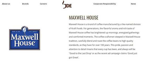 JDE官网显示麦斯威尔为其旗下品牌