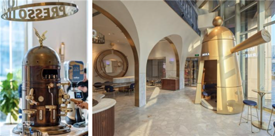 Lavazza上海旗舰店。古董咖啡机(左)和Lavazza Carmencita摩卡壶装置（右）