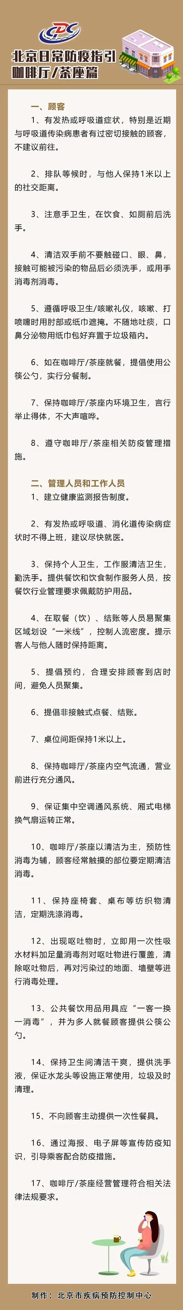 北京疾控发布咖啡厅、茶座防疫指引：排队保持1米社交距离